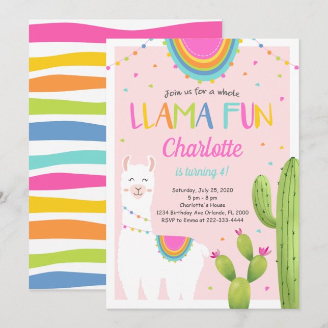 Pink Llama Cactus Birthday Invitation (Front/Back)