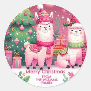 Pink Llama Christmas Classic Round Sticker