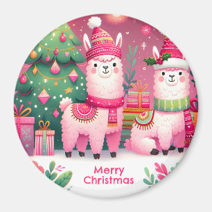 Pink Llama Christmas Magnet
