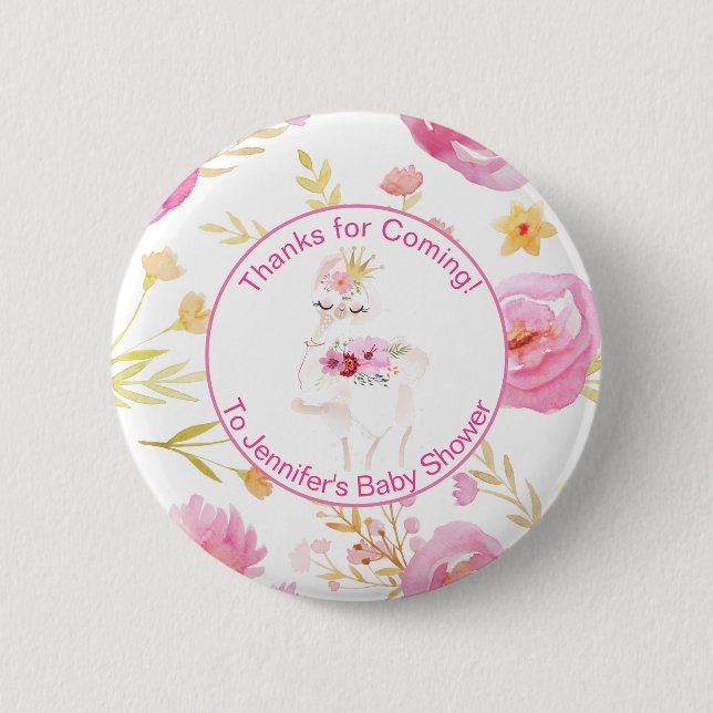 Pink Llama Floral Thanks for Coming Baby Shower 6 Cm Round Badge (Front)