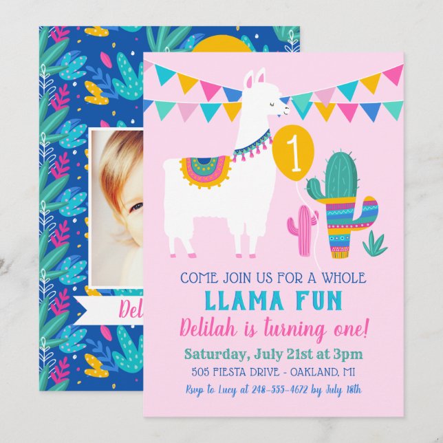 Pink Llama Fun First Birthday Party Girl Invitation (Front/Back)