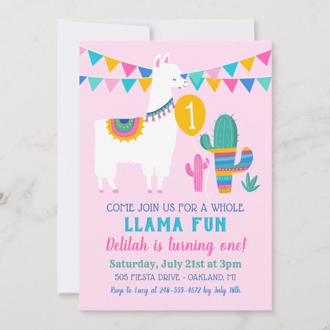 Pink Llama Fun First Birthday Party Girl Photo Invitation (Front)