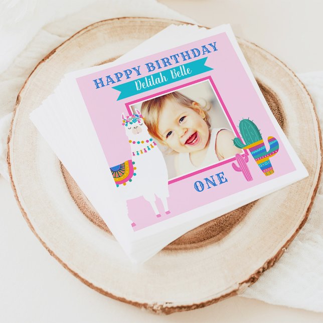 Pink Llama Happy Birthday Girl Photo Party Napkin (Creator Uploaded)