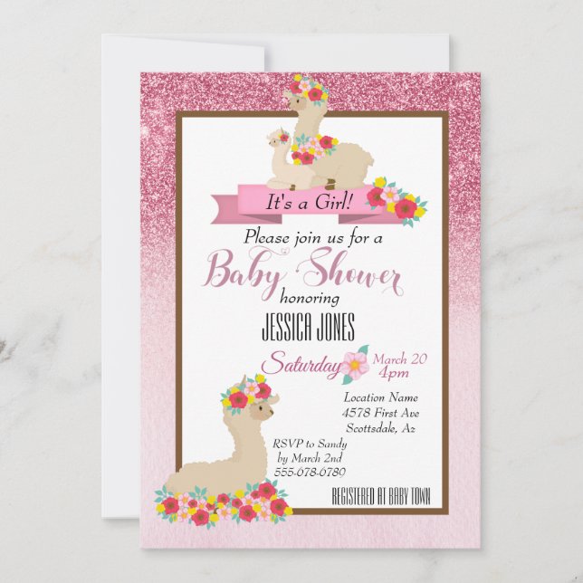Pink Llama Mama Sparkle Flower Baby Shower Invite (Front)
