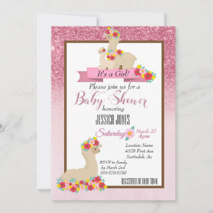 Pink Llama Mama Sparkle Flower Baby Shower Invite