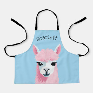 Pink Llama Portrait Blue Background Custom Name Apron