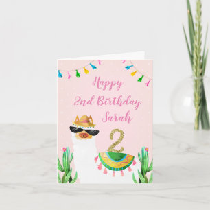 Pink llama second birthday card