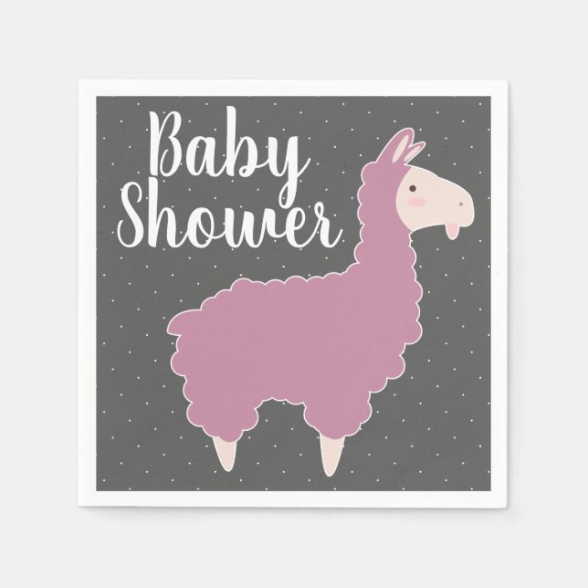 Pink Llama & White Dots Baby Shower Napkin (Front)