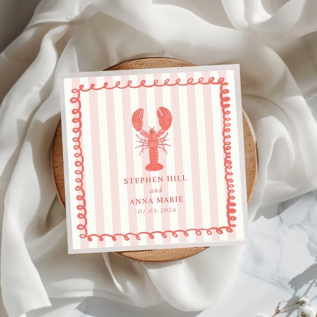 Pink Lobster Stripe Nautical Wedding Napkin (Creator Uploaded)