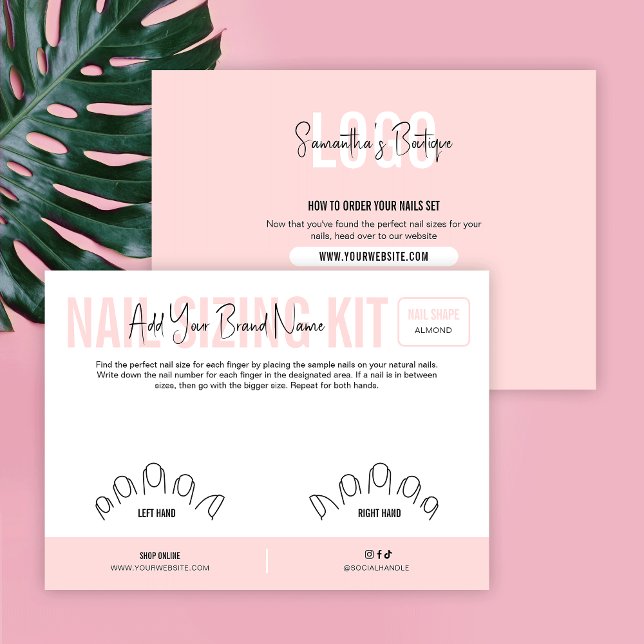 Pink Logo Artificial Nails Sizing Kit Display Card (Modern blush pink and white nails display cards for artificial nails)