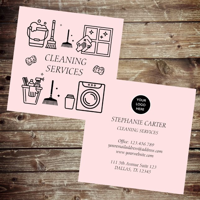 Pink Logo Cleaning Services Commercial Domestic  Square Business Card (Creator Uploaded)