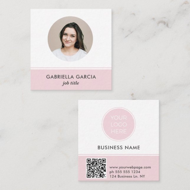 Pink Logo QR Code Photo Square Business Card (Front/Back)