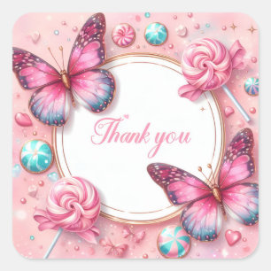 Pink Lollipop Candy Butterfly - Thank you - Square Sticker