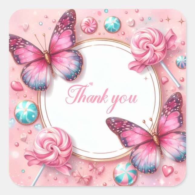 Pink Lollipop Candy Butterfly - Thank you - Square Sticker (Front)