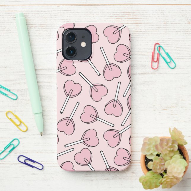Pink Lollipops, Heart Lollipops, Lollipop Pattern iPhone Case (On Desk)