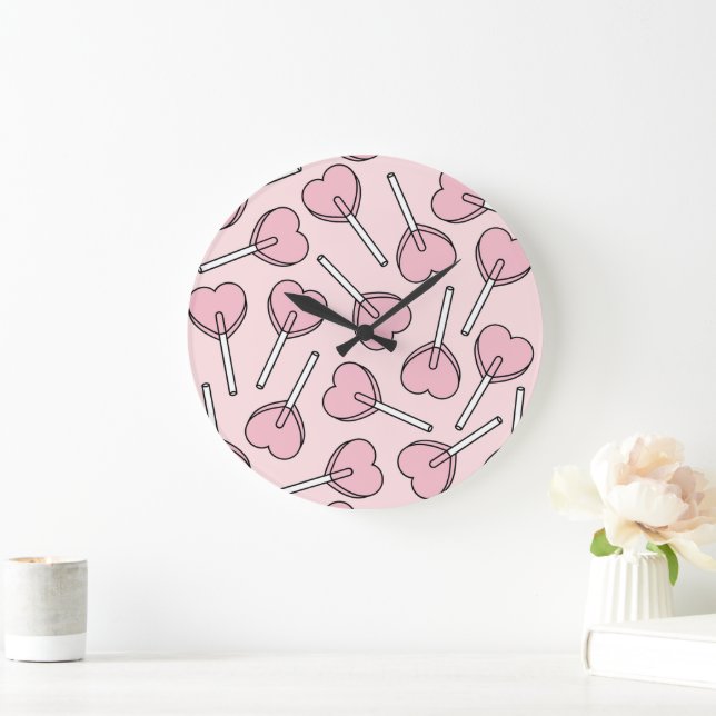 Pink Lollipops, Heart Lollipops, Lollipop Pattern Large Clock (Home)
