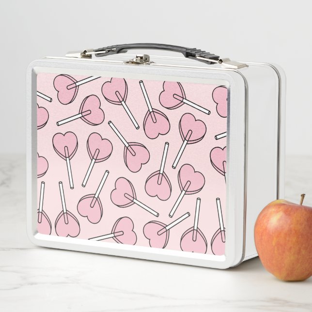 Pink Lollipops, Heart Lollipops, Lollipop Pattern Metal Lunch Box (In Situ)