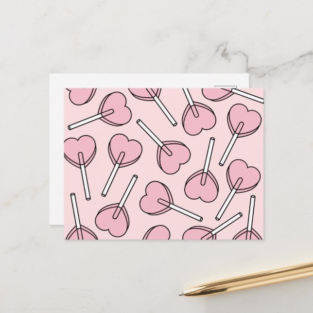 Pink Lollipops, Heart Lollipops, Lollipop Pattern Postcard (Front/Back In Situ)