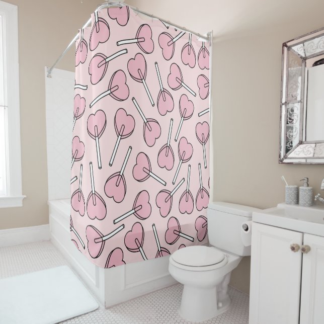 Pink Lollipops, Heart Lollipops, Lollipop Pattern Shower Curtain (In Situ)