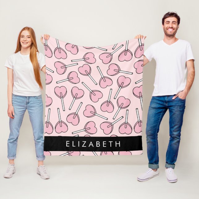 Pink Lollipops, Heart Lollipops, Lolly, Your Name Fleece Blanket (In Situ)