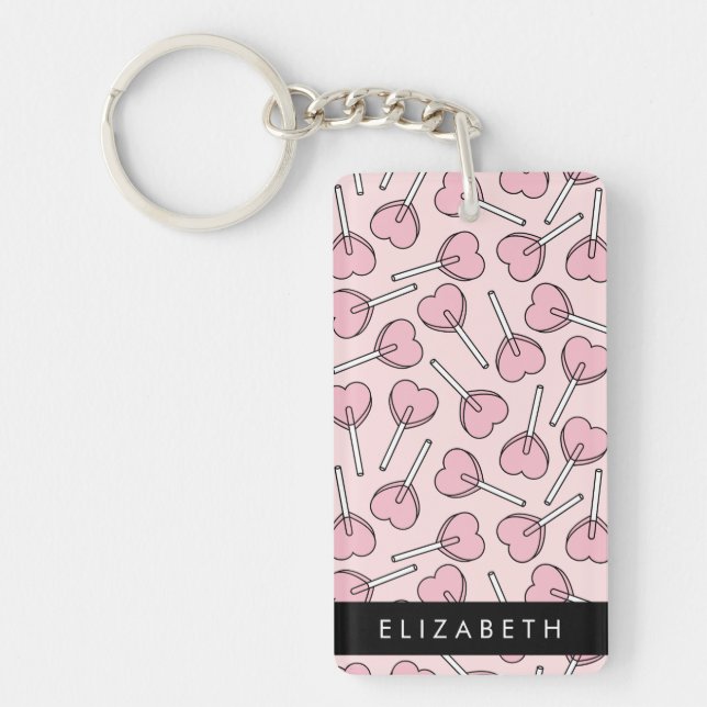Pink Lollipops, Heart Lollipops, Lolly, Your Name Key Ring (Front)