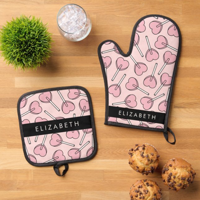 Pink Lollipops, Heart Lollipops, Lolly, Your Name Oven Mitt & Pot Holder Set (Top Down)