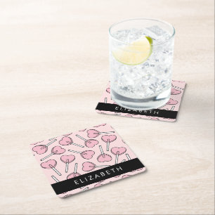 Pink Lollipops, Heart Lollipops, Lolly, Your Name Square Paper Coaster
