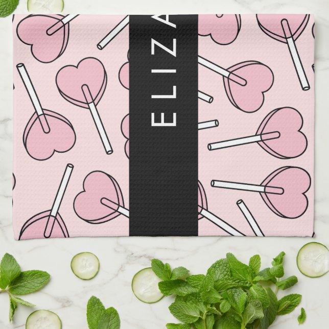 Pink Lollipops, Heart Lollipops, Lolly, Your Name Tea Towel (Folded)