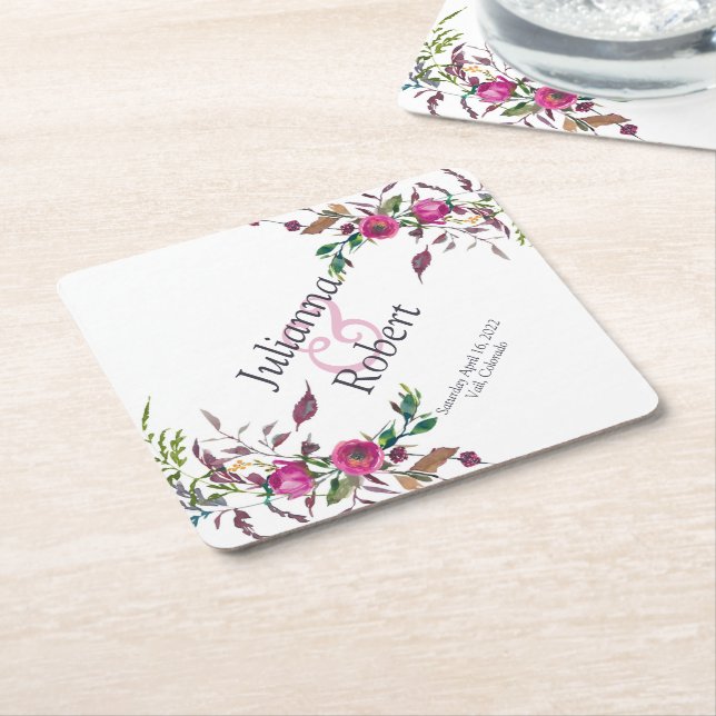 Pink loose floral   square paper coaster (Angled)