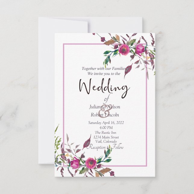 Pink loose floral wedding invitation (Front)