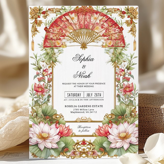 Pink Lotus and Red Fan Asian Tea Ceremony Wedding Invitation (Creator Uploaded)