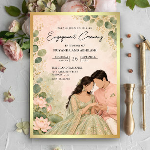 Pink Lotus Eucalyptus Indian Engagement Ceremony Invitation