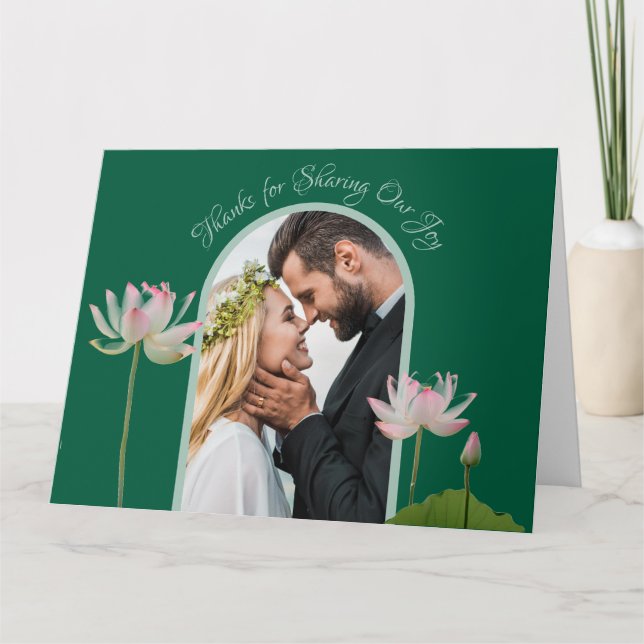 Pink Lotus Flower and Green Wedding  Thank You Card (Front)