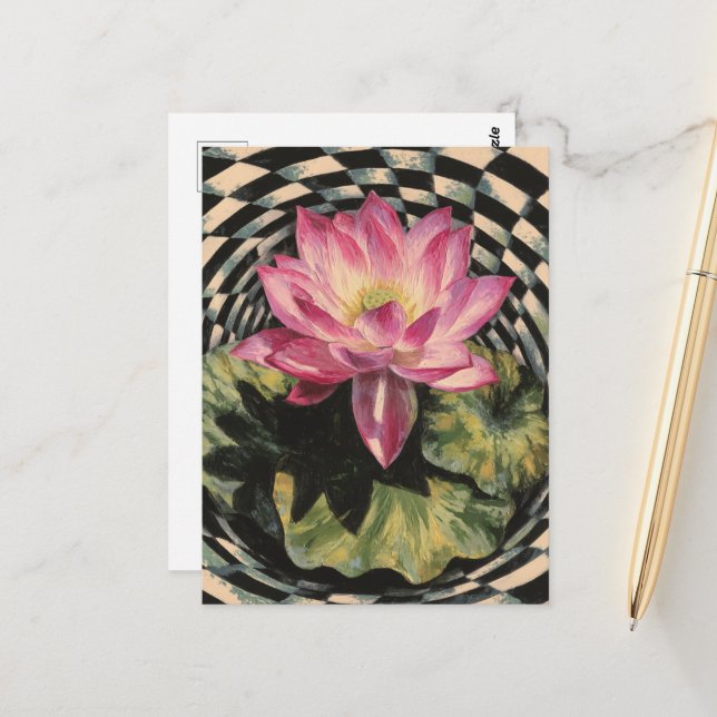 Pink Lotus Flower Black White Surreal Postcard (Front/Back In Situ)