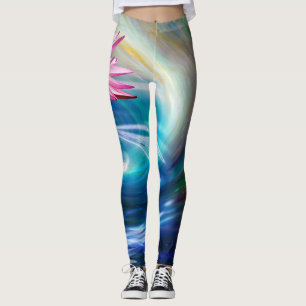 Pink Lotus Flower Blue White Swirl Leggings