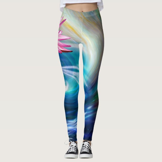 Pink Lotus Flower Blue White Swirl Leggings (Front)