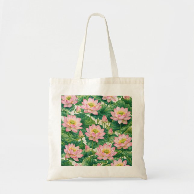 Pink Lotus Flower Botanical Pond Pattern Tote Bag (Front)