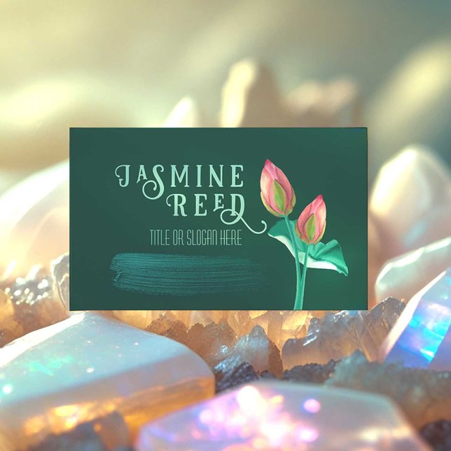 Pink Lotus Flower Bud for Massage Therapist Green Business Card (If you run a Wellness Business, this hand painted lotus flower business card is for you!)