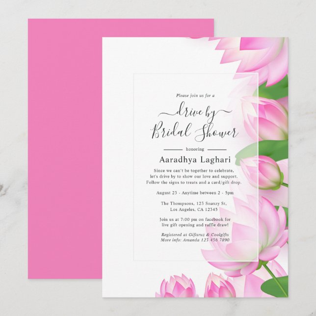 Pink Lotus Flower Indian Drive By Bridal Shower Invitation (Front/Back)