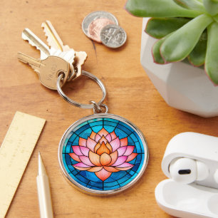 Pink Lotus Flower Mosaic Stained Glass Key Ring
