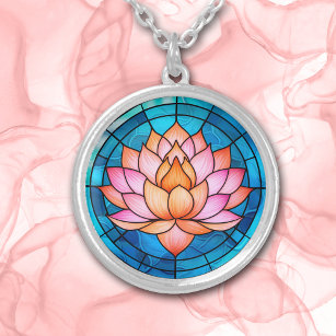 Pink Lotus Flower Mosaic Stained Glass Silver Plated Necklace
