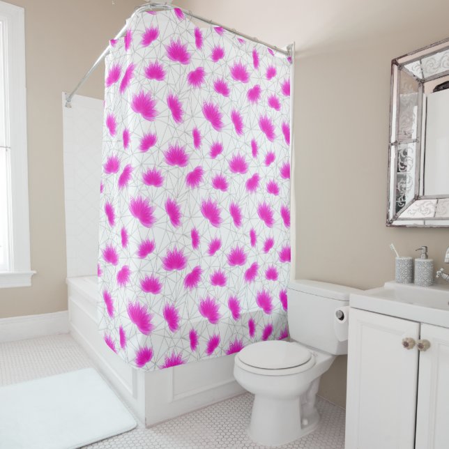 Pink Lotus Flower Pattern with Grey Net Shower Curtain (In Situ)