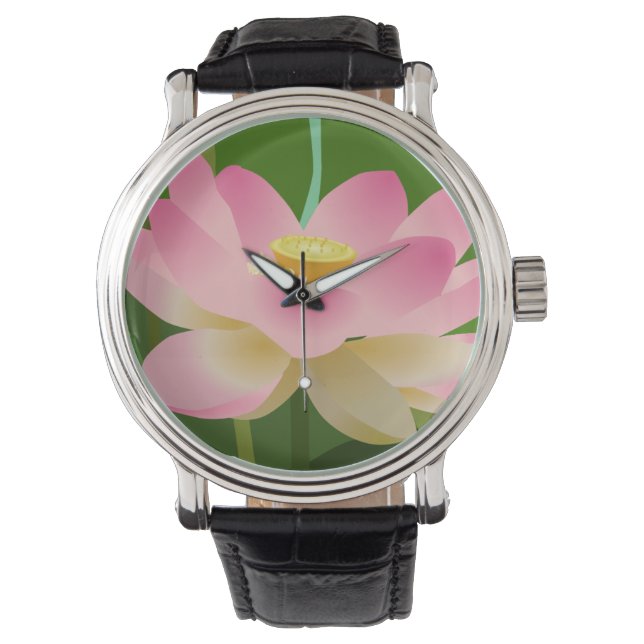 Pink Lotus Flower Watch Vintage Leather Strap (Front)