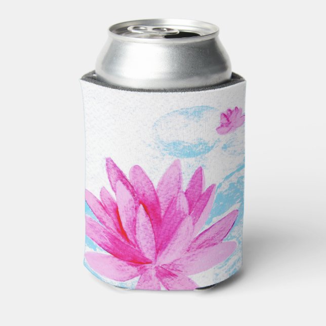 Pink Lotus Flower Watercolor Painting Can Cooler (Can Back)