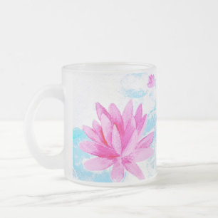 Pink Lotus Flower Watercolor Painting Lovers Frosted Glass Coffee Mug