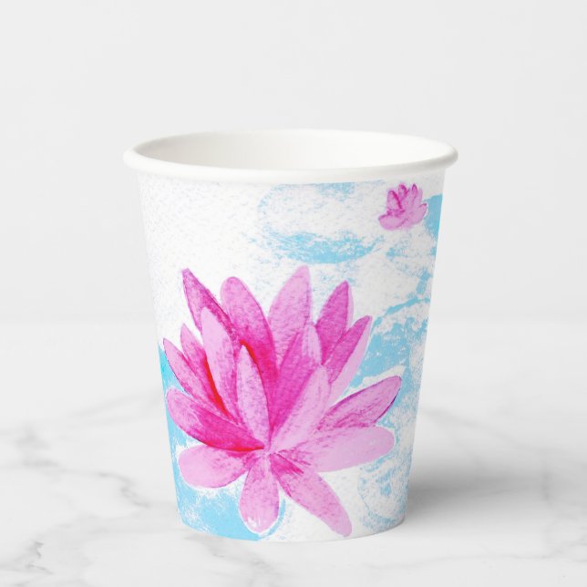 Pink Lotus Flower Watercolor Painting Paper Cups (Front)