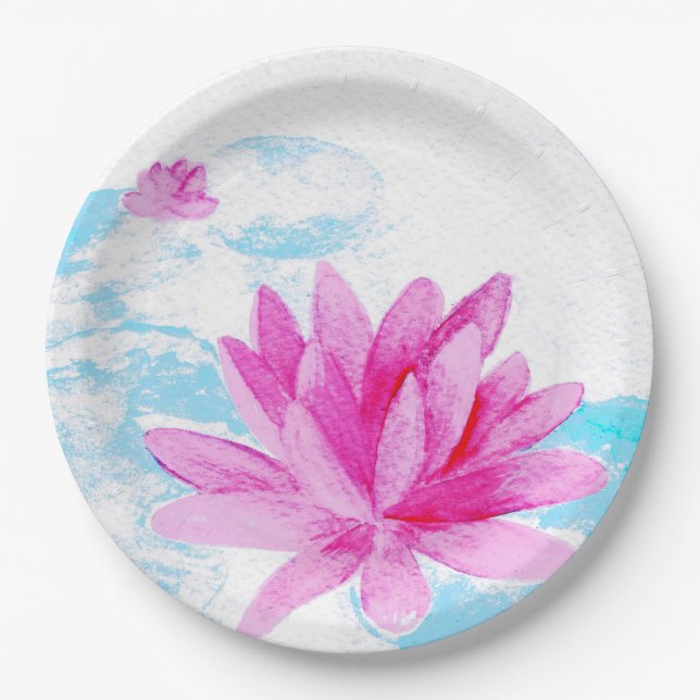 Pink Lotus Flower Watercolor Painting Paper Plate (Front)