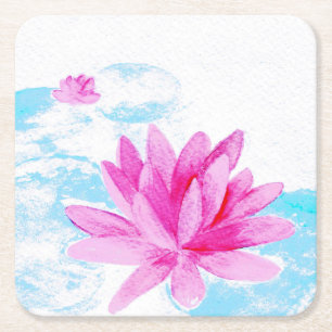 Pink Lotus Flower Watercolor Painting Square Paper Coaster
