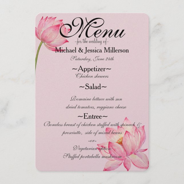 Pink Lotus Flower Wedding Menu (Front)