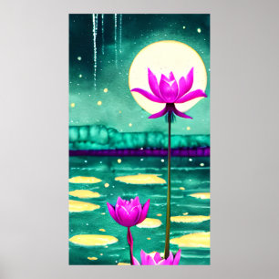 Pink Lotus Flowers and Full Moon Poster